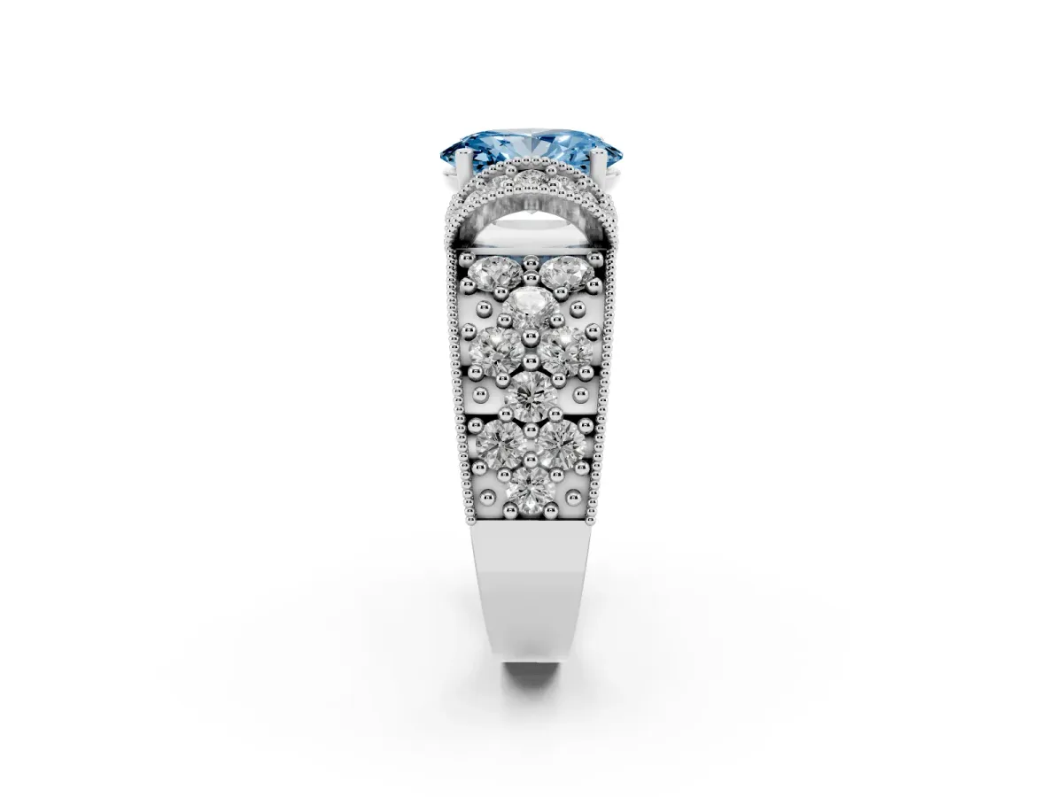 Fancy Blue Oval Cut Halo Pave Diamond Engagement Ring with Milgrain Detailing White gold