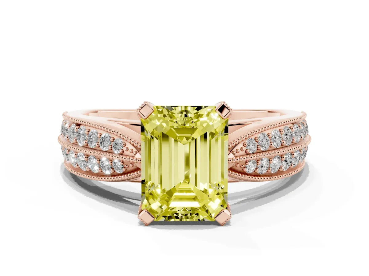 Fancy Yellow Emerald Cut Diamond Solitaire Ring with Milgrain Round Pavé Band and Prong Setting Rose gold