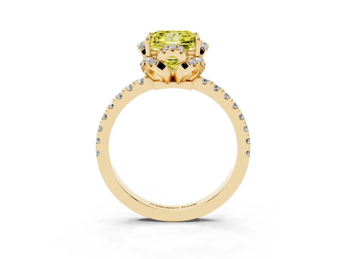 Fancy Yellow Princess Cut Halo Diamond Pave Band Ring with Four-Prong Setting Yellow gold