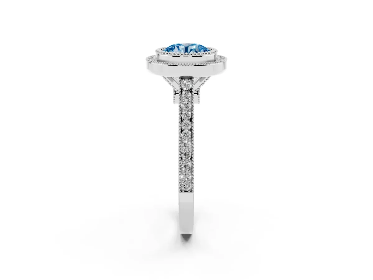 Fancy Blue Round Cut Diamond Halo Ring with Milgrain Frame and Pavé Band White gold