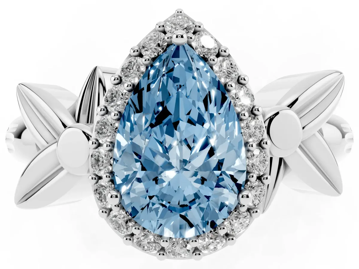 Fancy Blue Pear Cut Halo Diamond Floral Band with Four-Prong Setting Silver