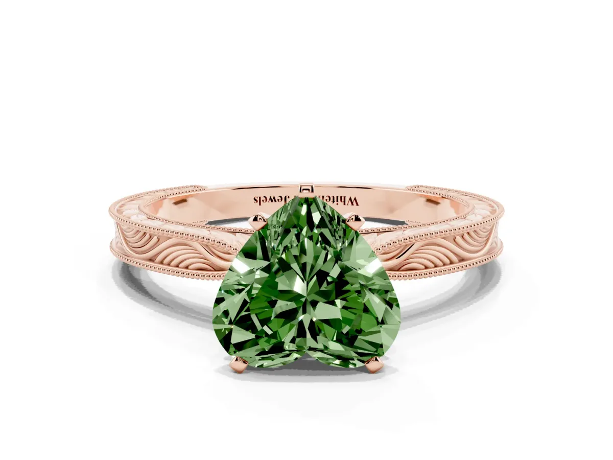 Fancy Green Heart Cut Solitaire Milgrain Engraved Band with Four-Prong Setting Rose gold