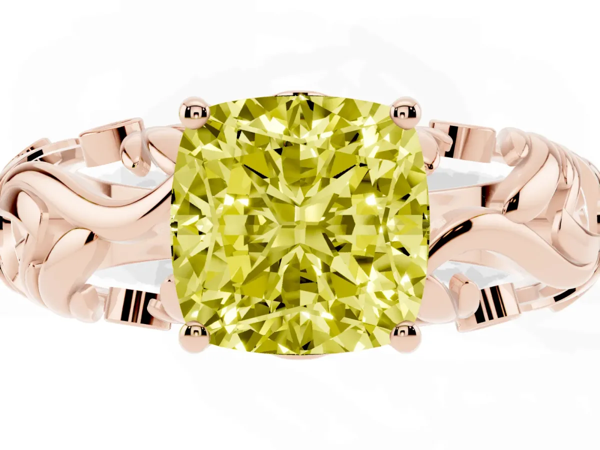 Fancy Yellow Cushion Cut Solitaire Diamond Leaf-Inspired Vine Band Ring with Prong Setting Rose gold