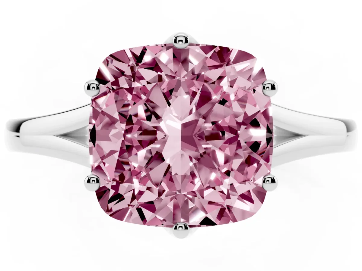 Fancy Pink Cushion Cut Solitaire Diamond Ring with Six-Prong Setting and Tapered Band Platinum