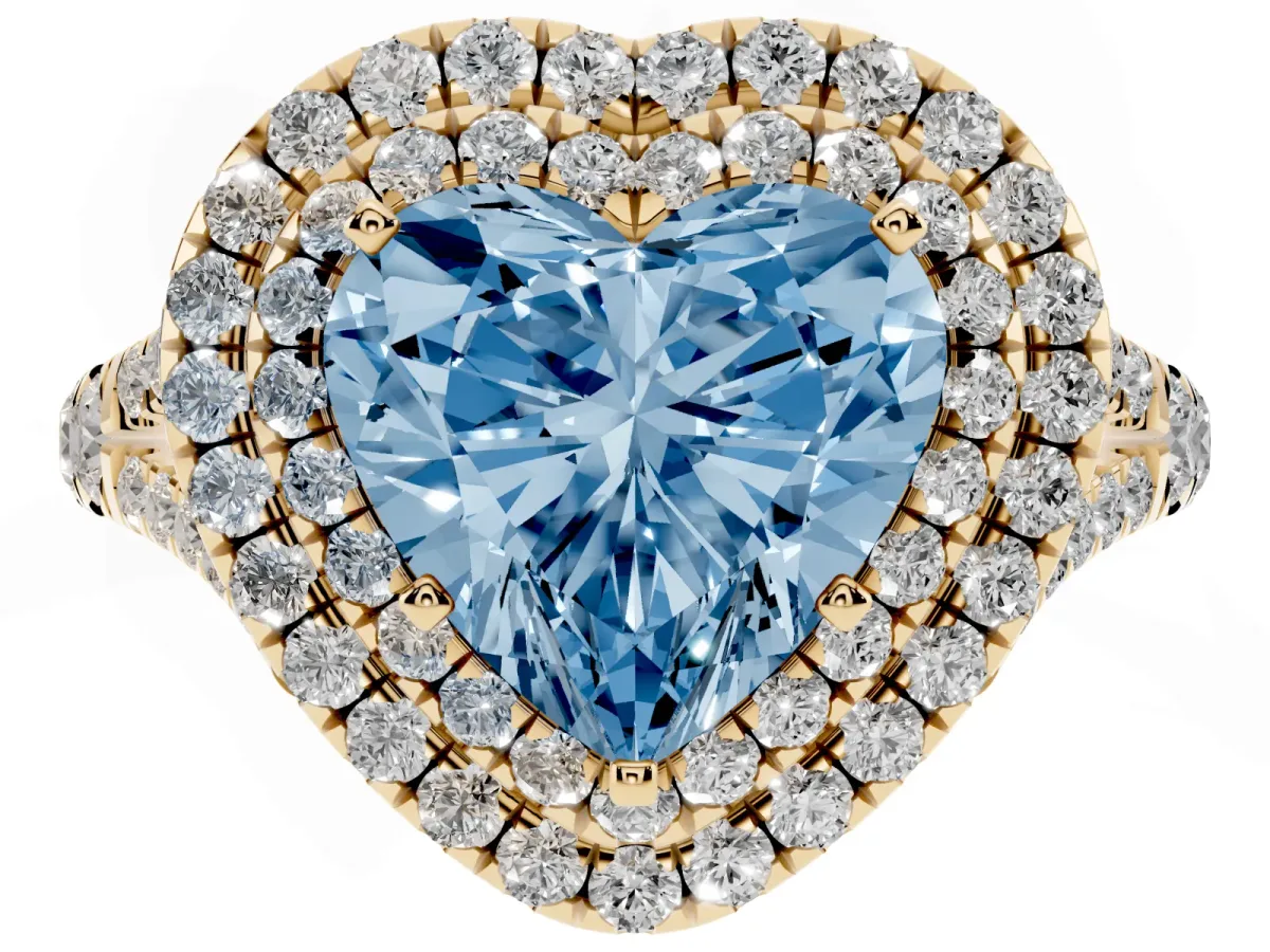 Fancy Blue Double Halo Heart Cut Diamond Split Shank Engagement Ring with Four-Prong Setting Yellow gold