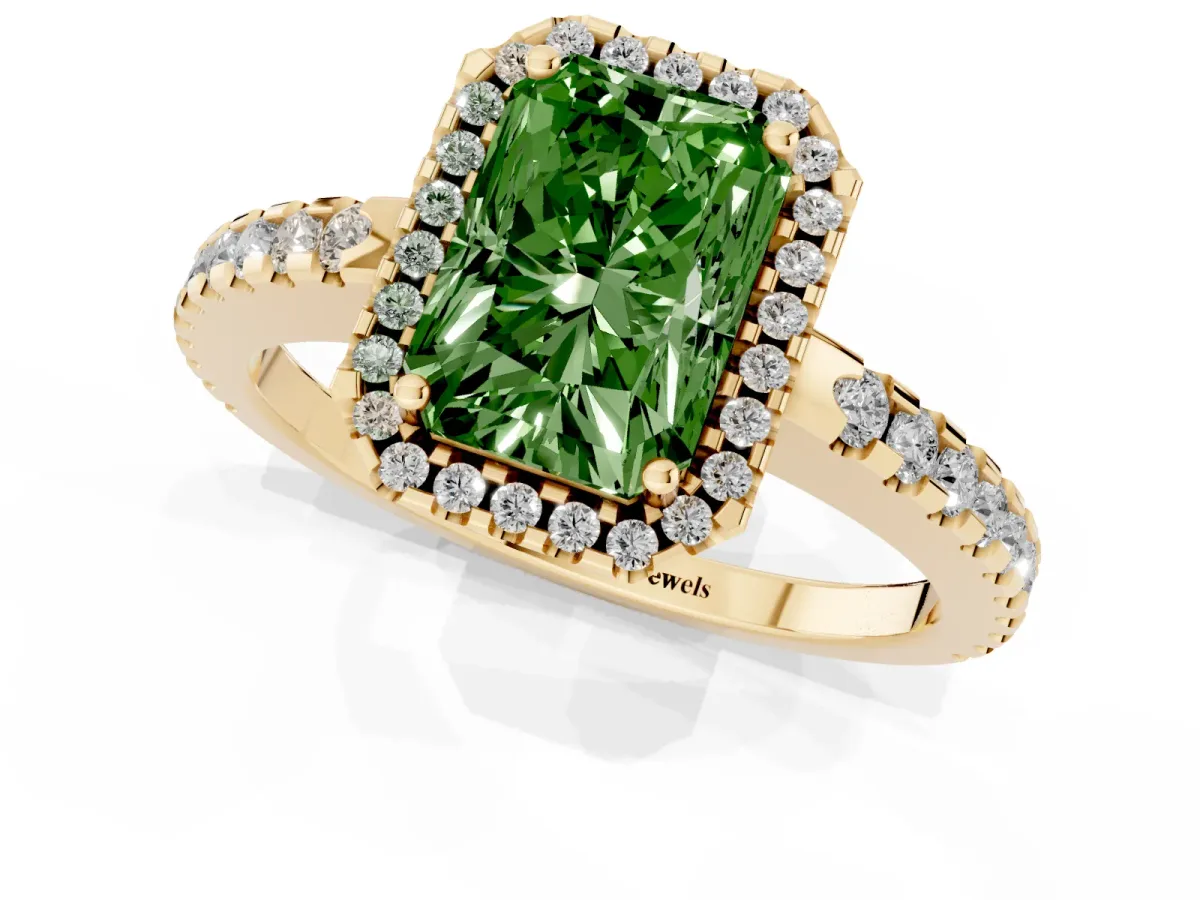 Fancy Green Radiant Cut Diamond Halo Engagement Ring with Pavé Band and Prong Setting Yellow gold