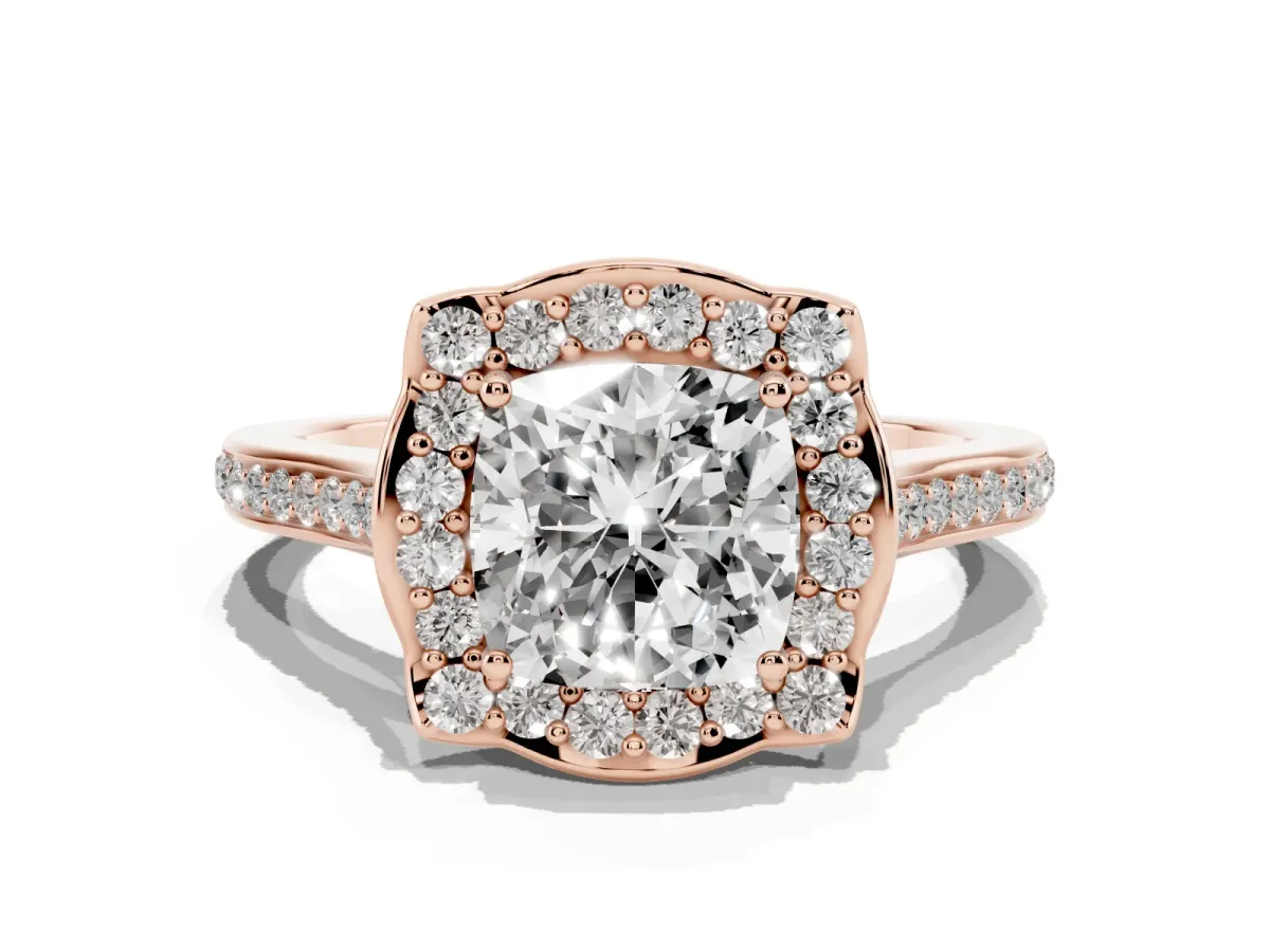 Cushion Cut Halo Round Diamond Pave Band with Four-Prong Setting Rose gold