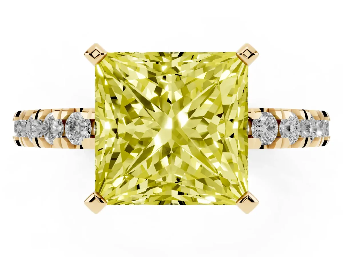 Fancy Yellow Princess Cut Diamond Pavé Band Solitaire with Four-Prong Setting Yellow gold