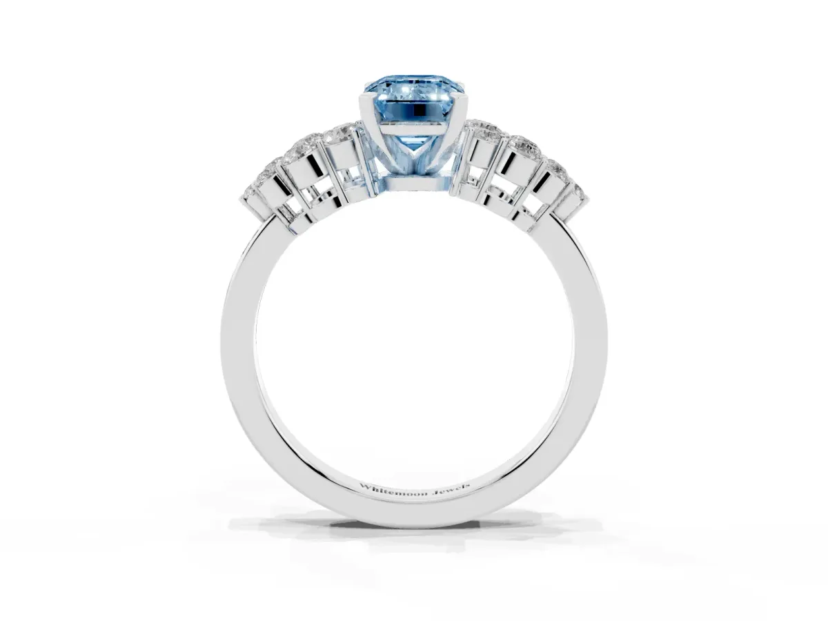 Fancy Blue Emerald Cut Cluster Diamond Engagement Ring with Pavé Band and Four-Prong Setting Silver