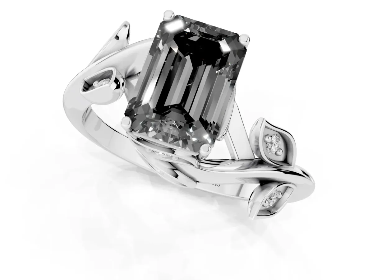 Fancy Black Emerald Cut Solitaire Twist Engagement Ring with Leaf Accents and Prong Setting Silver