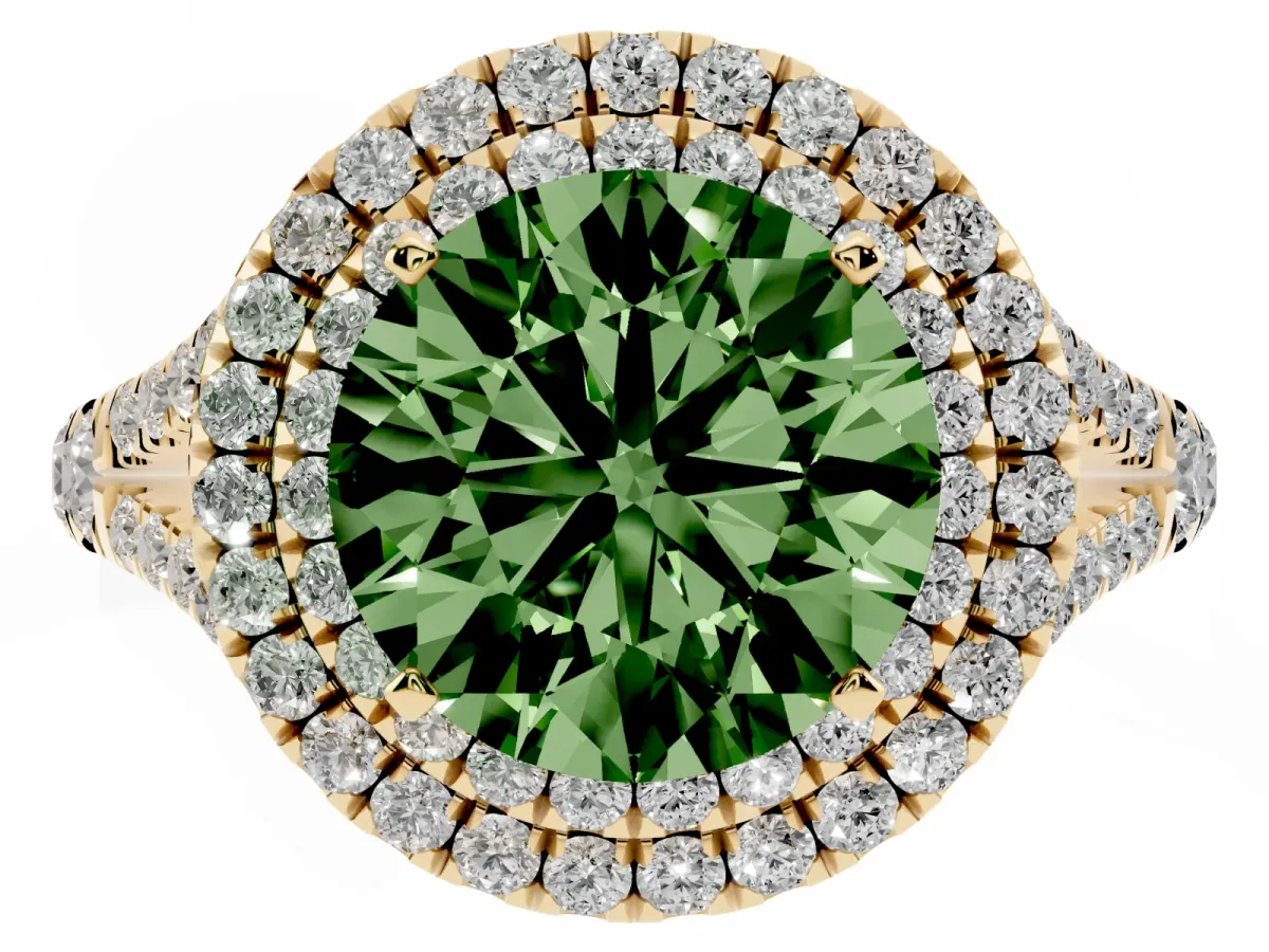 Fancy Green Round Cut Cut Double Halo Split Shank Diamond Ring with Prong Setting Yellow gold