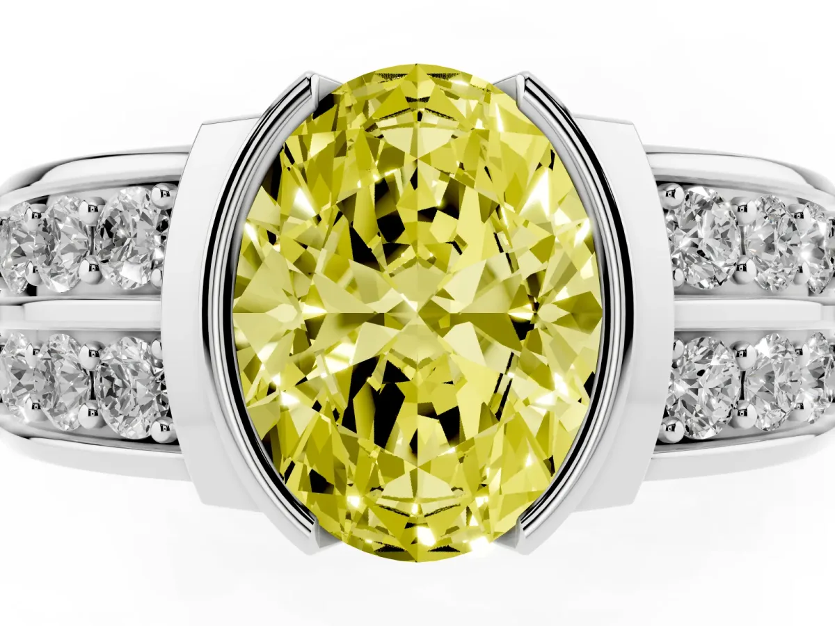Fancy Yellow Oval Cut Brilliant Diamond Channel Set Wide Band Ring with Bezel Setting Platinum