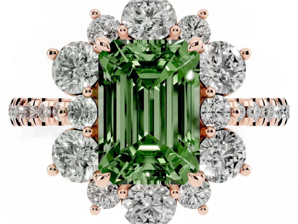 Fancy Green Emerald Cut Diamond Floral Halo Ring with Round Pavé Band and Prong Setting Rose gold