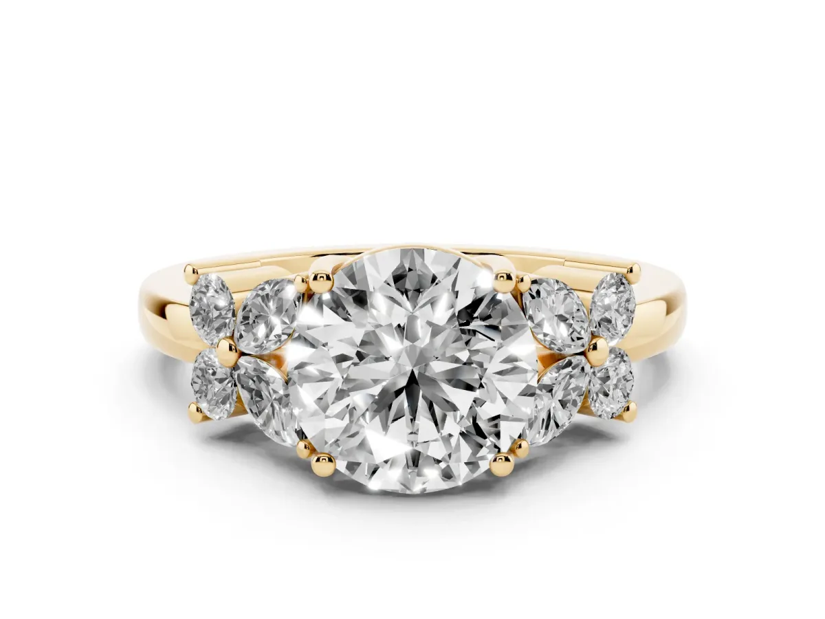 Round Cut Diamond Floral Cluster Ring with Solitaire Band and Prong Setting Yellow gold
