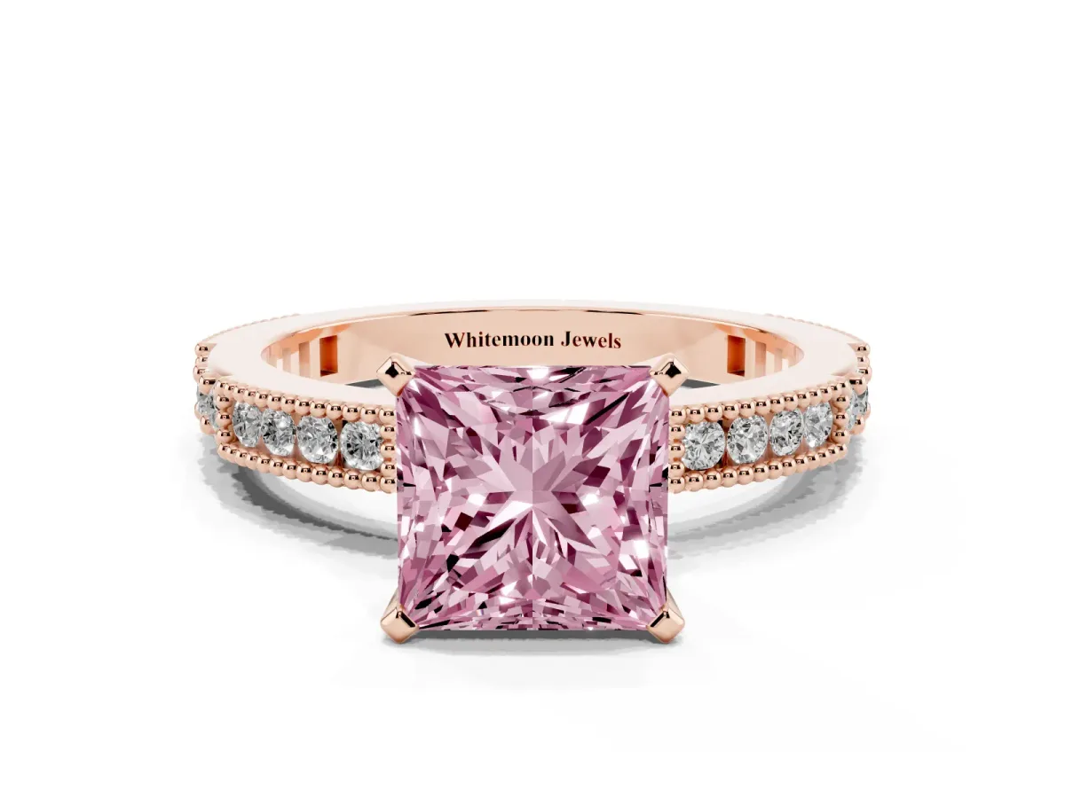 Fancy Pink Princess Cut Solitaire with Pavé Band and Four-Prong Setting Rose gold