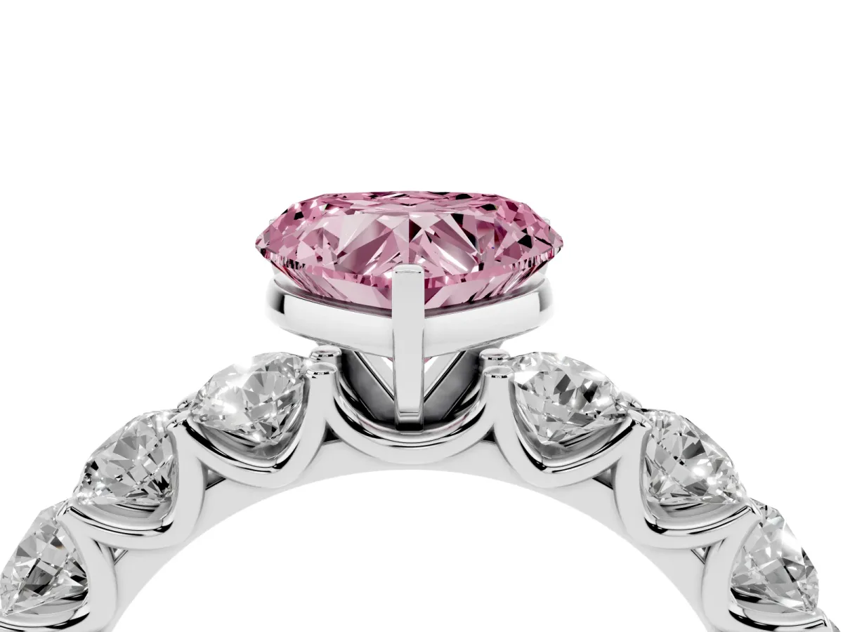 Fancy Pink Heart Cut Diamond Prong Setting with Side Stones on a Pave Band Silver