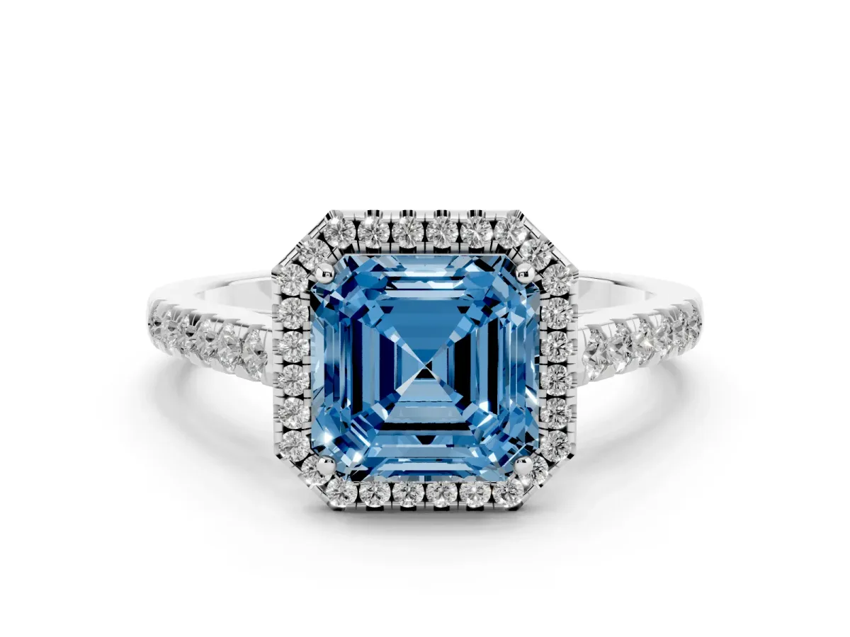 Fancy Blue Asscher Cut Halo Pave Diamond Engagement Ring with Four-Prong Setting Silver