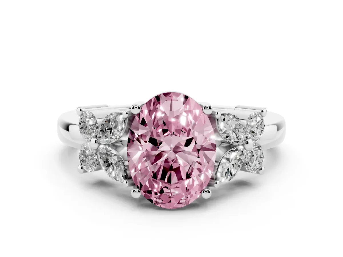 Fancy Pink Oval Cut Diamond Floral Cluster Ring with Solitaire Band and Prong Setting White gold