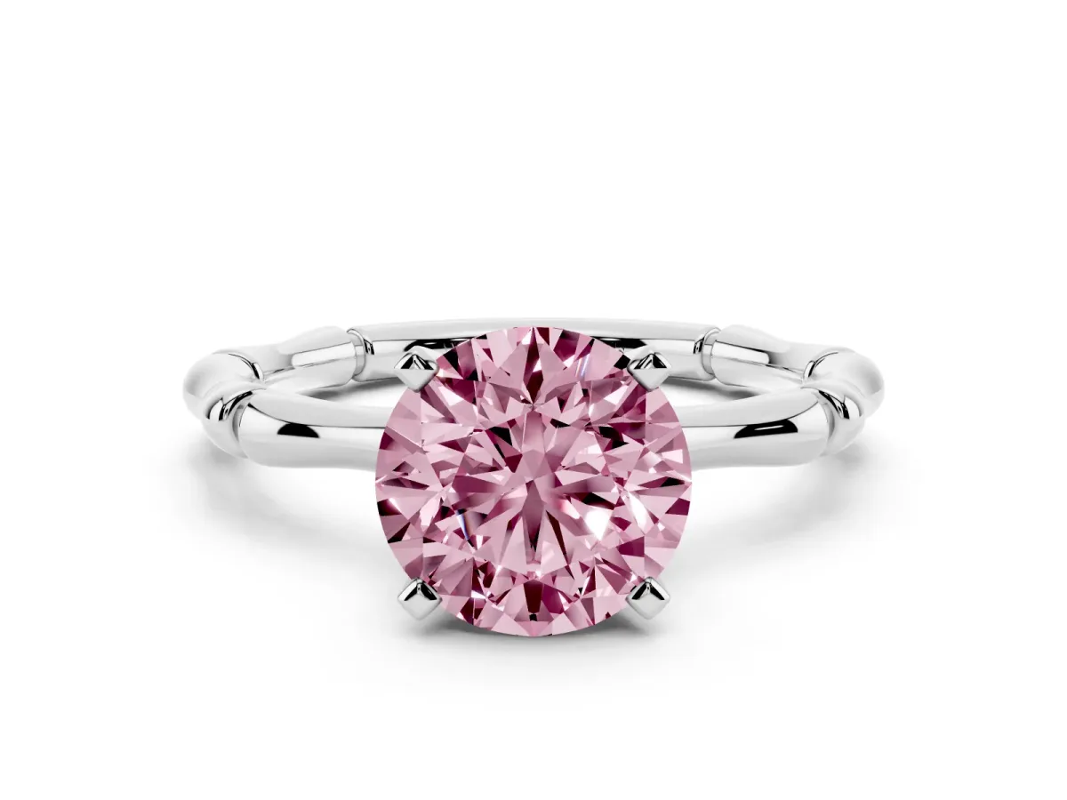 Fancy Pink Round Cut Solitaire Diamond Ring with Bamboo Band and Four-Prong Setting Silver