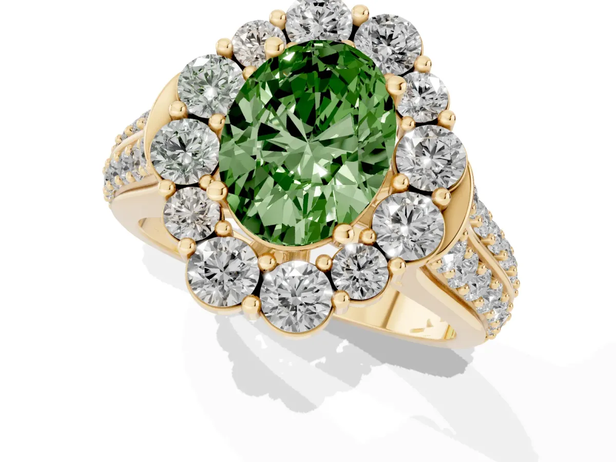 Fancy Green Oval Cut Halo Diamond Engagement Ring with Split Shank and Prong Setting Yellow gold