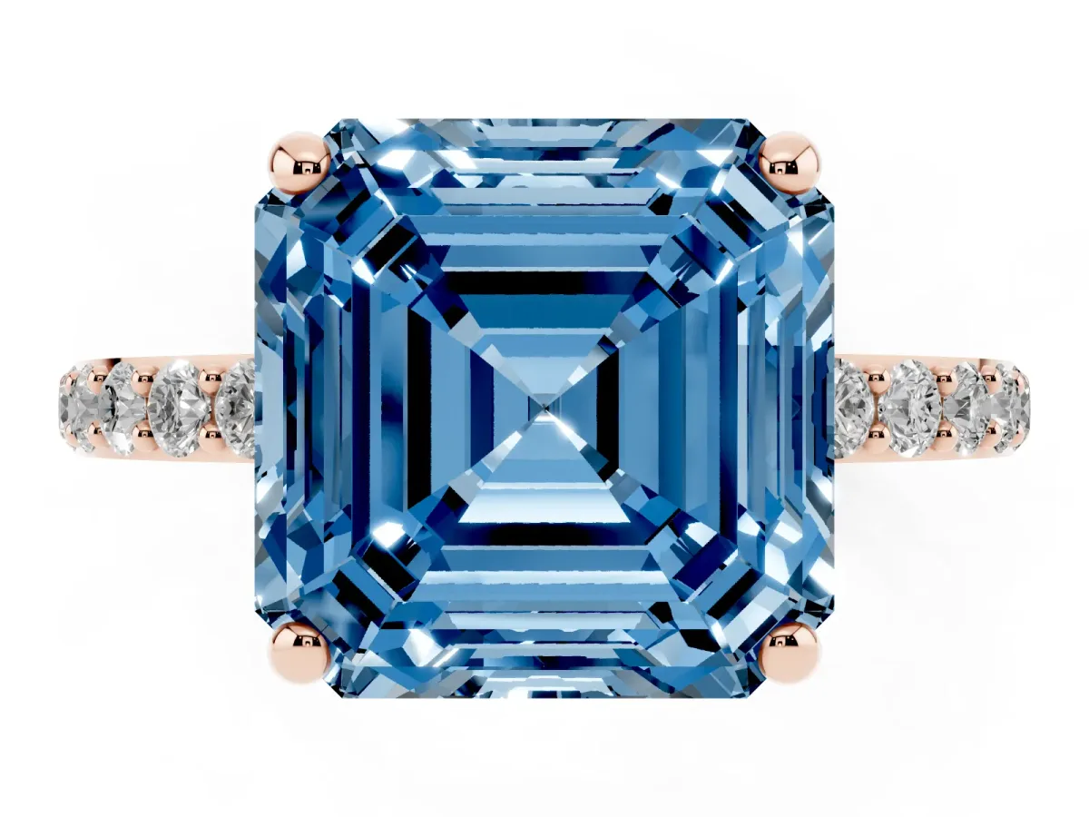 Fancy Blue Asscher Cut Diamond Solitaire Ring with Round Pavé Band and Prong Setting Rose gold