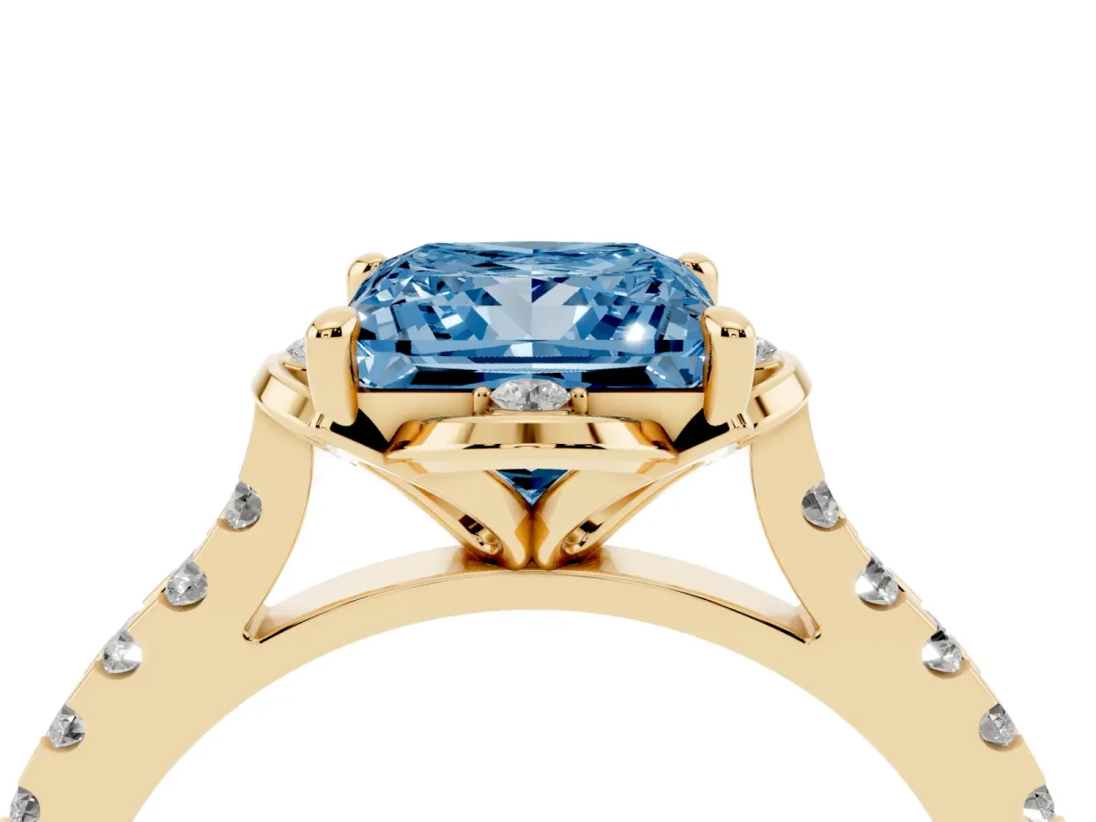 Fancy Blue Princess Cut Diamond Ring with Pavé Band and Floral Prong Setting Yellow gold