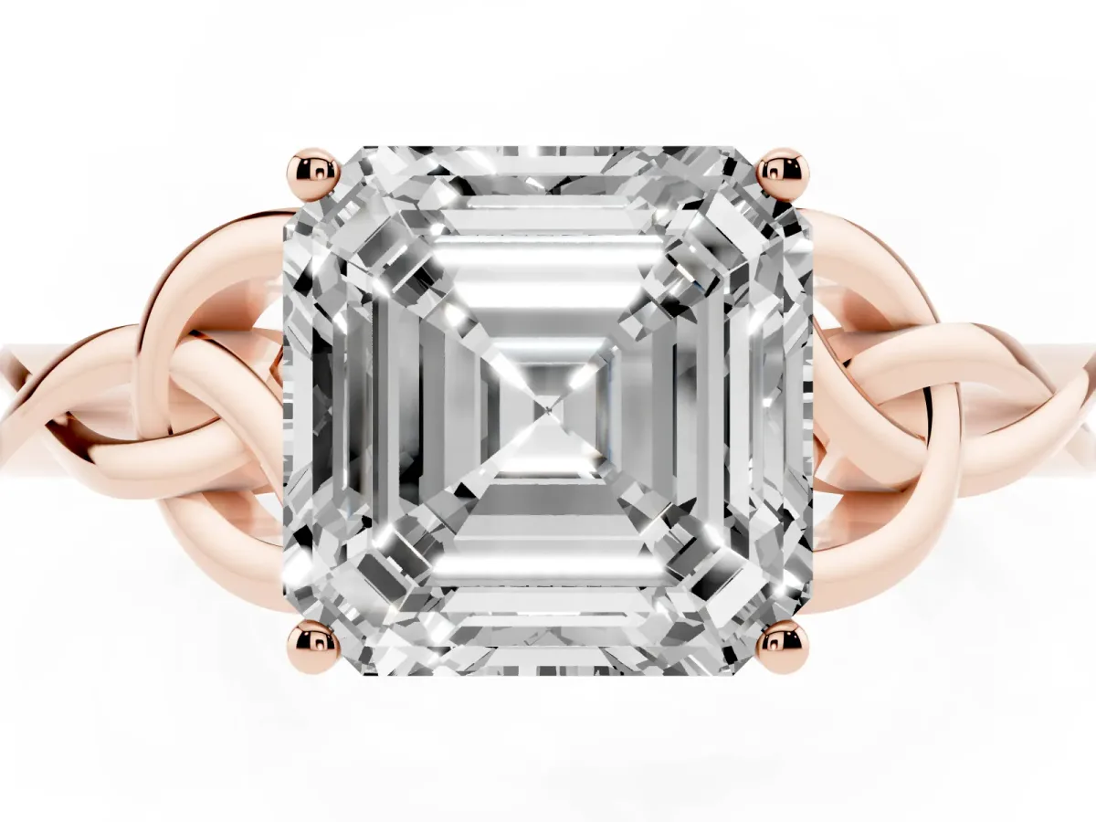 Asscher Cut Diamond Solitaire Engagement Ring with Celtic Knot Band and Four-Prong Setting Rose gold