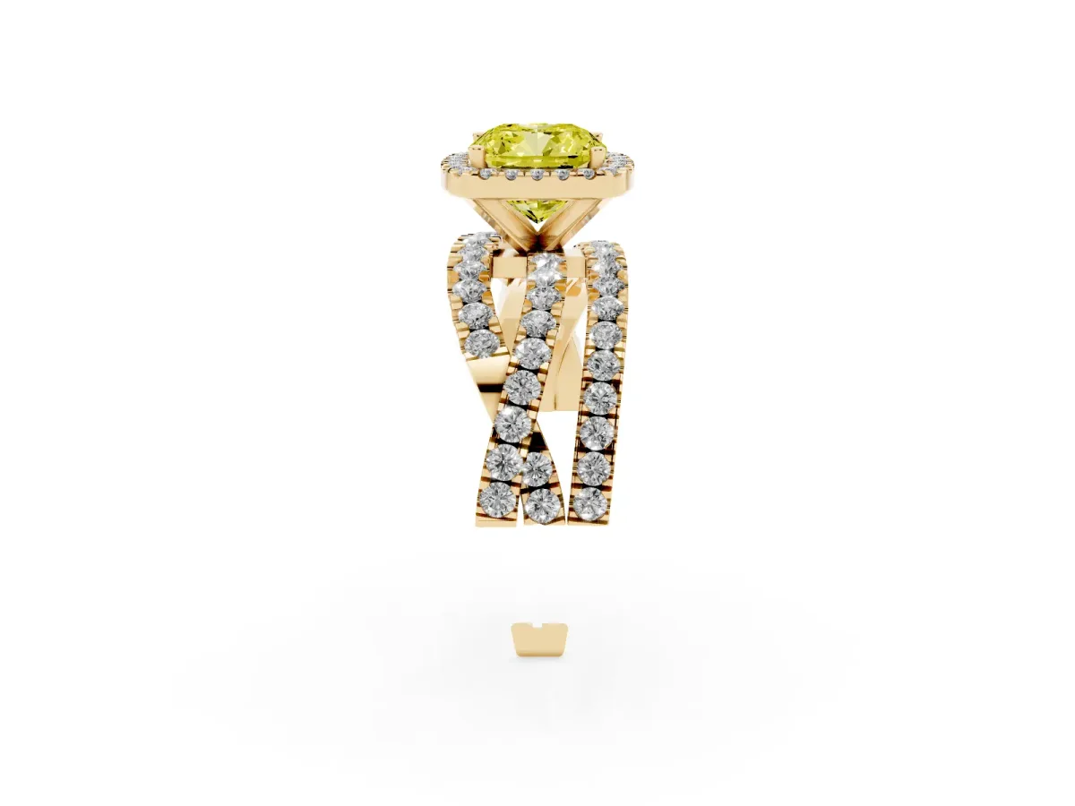 Fancy Yellow Cushion Cut Diamond Halo Ring with Round Split Shank and Prong Setting Yellow gold
