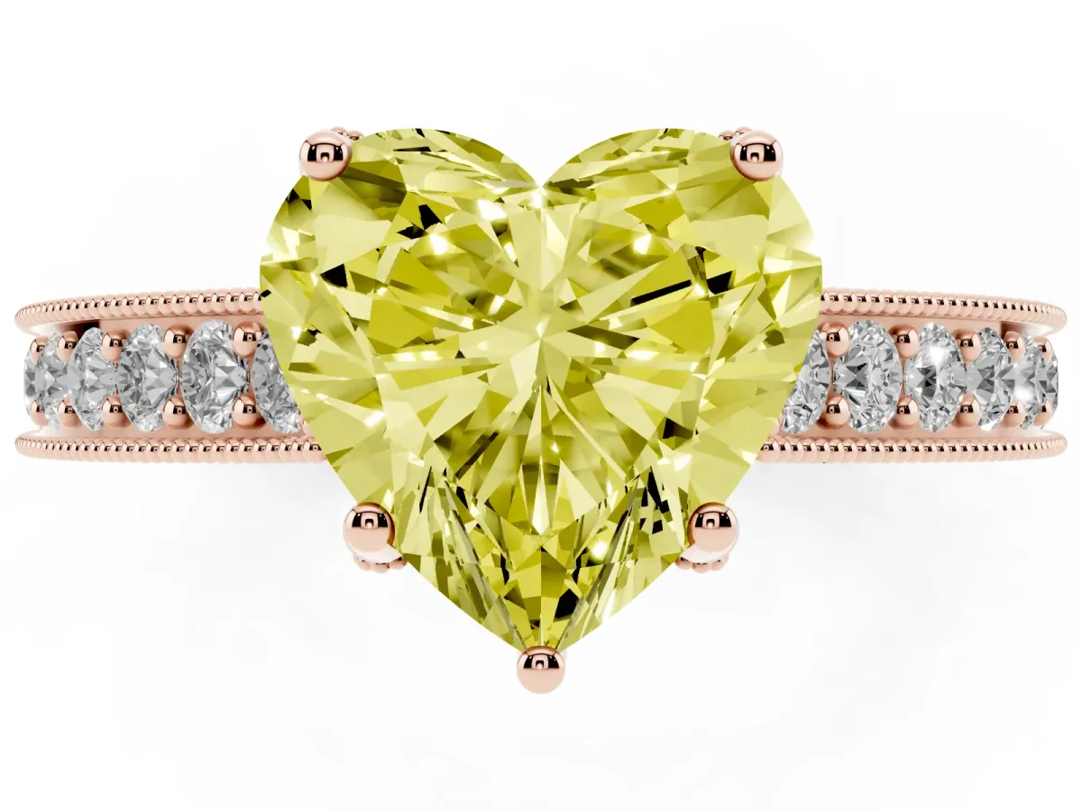 Fancy Yellow Heart Cut Cut Diamond Solitaire Ring with Milgrain Pave Band and Four Prong Setting Rose gold
