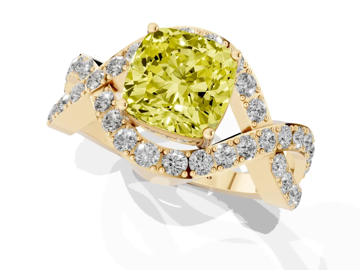 Fancy Yellow Cushion Cut Solitaire Twist Band Pavé Diamond Engagement Ring Yellow gold