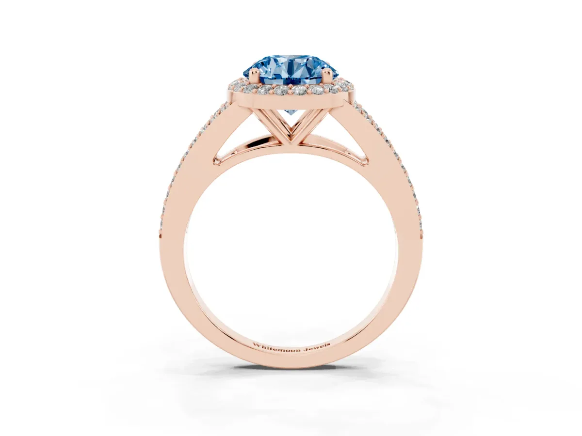 Fancy Blue Round Cut Halo Split Shank Diamond Ring with Prong Setting Rose gold