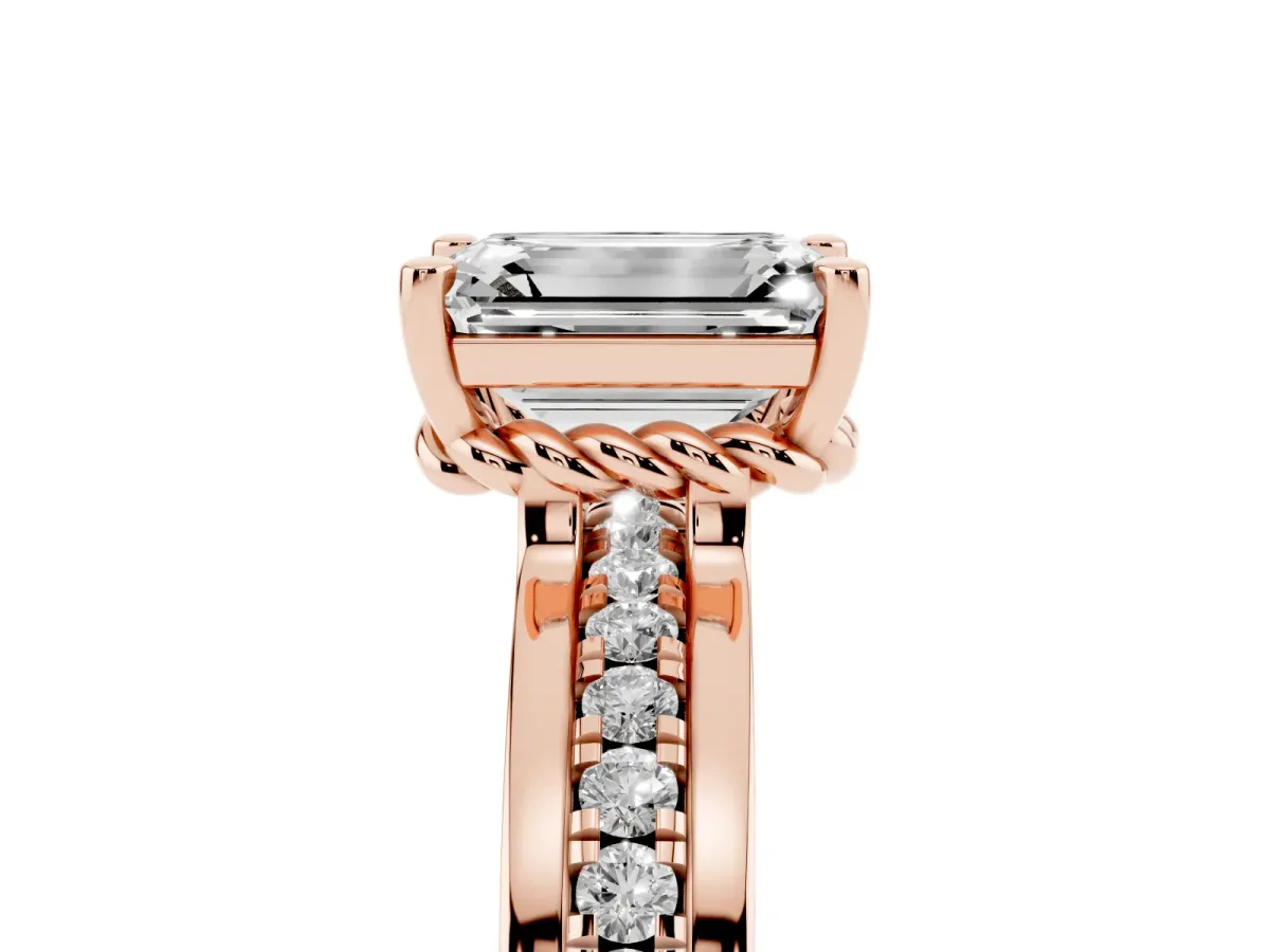 Emerald Cut Solitaire Diamond Ring with Channel Set Band and Six-Prong Setting Rose gold