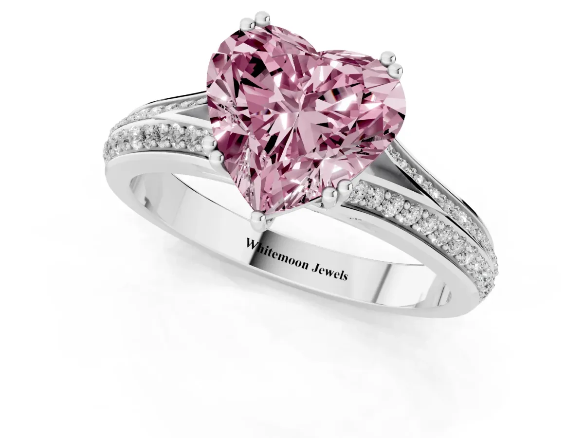 Fancy Pink Heart Cut Diamond Split Shank Engagement Ring with Pavé Band Platinum