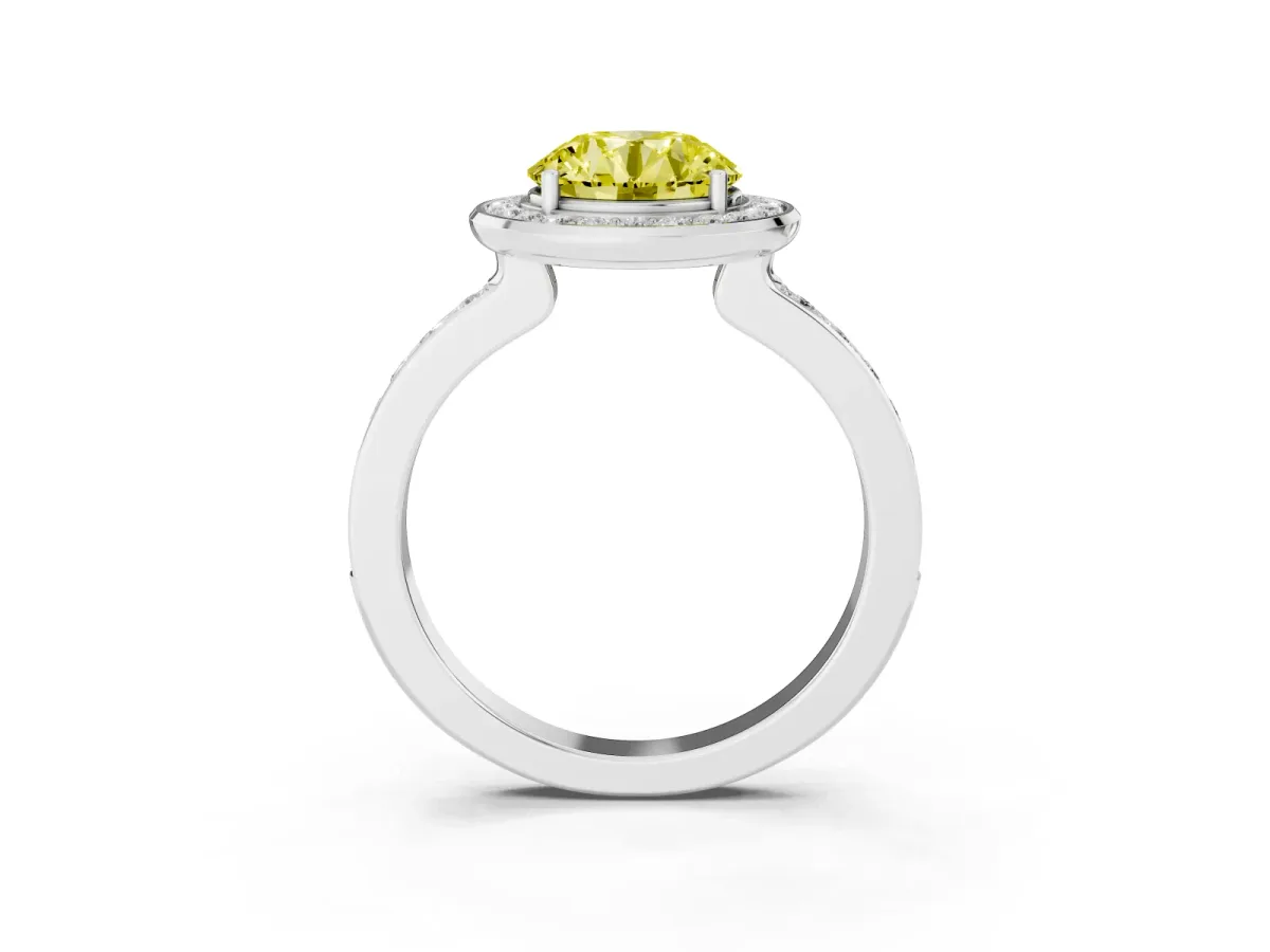 Fancy Yellow Round Cut Diamond Halo Ring with Bezel Frame and Pavé Band Silver