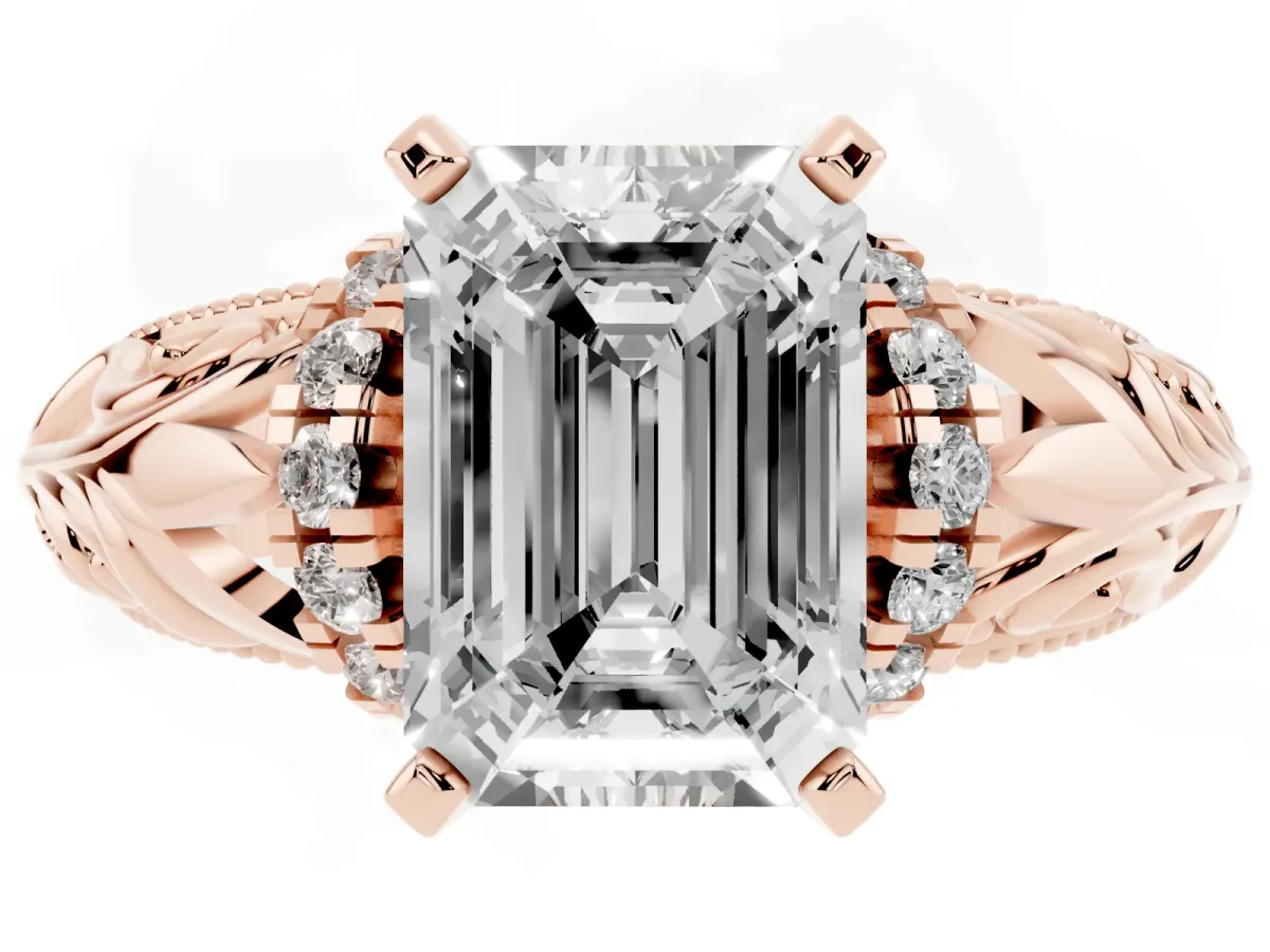 Emerald Cut Solitaire Filigree Engagement Ring with Halo and Prong Setting Rose gold