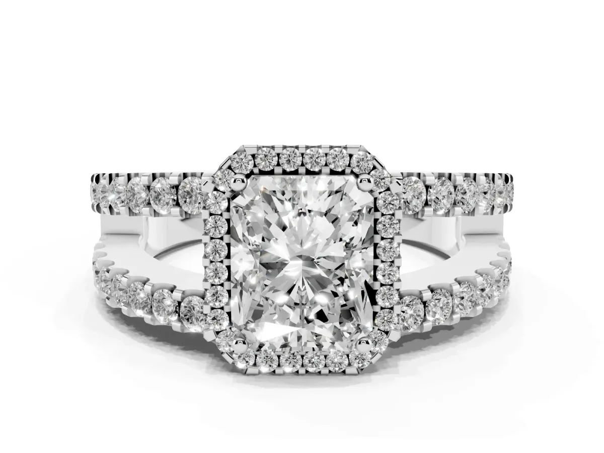 Radiant Cut Cut Halo Split Shank Diamond Ring with Four-Prong Setting White gold