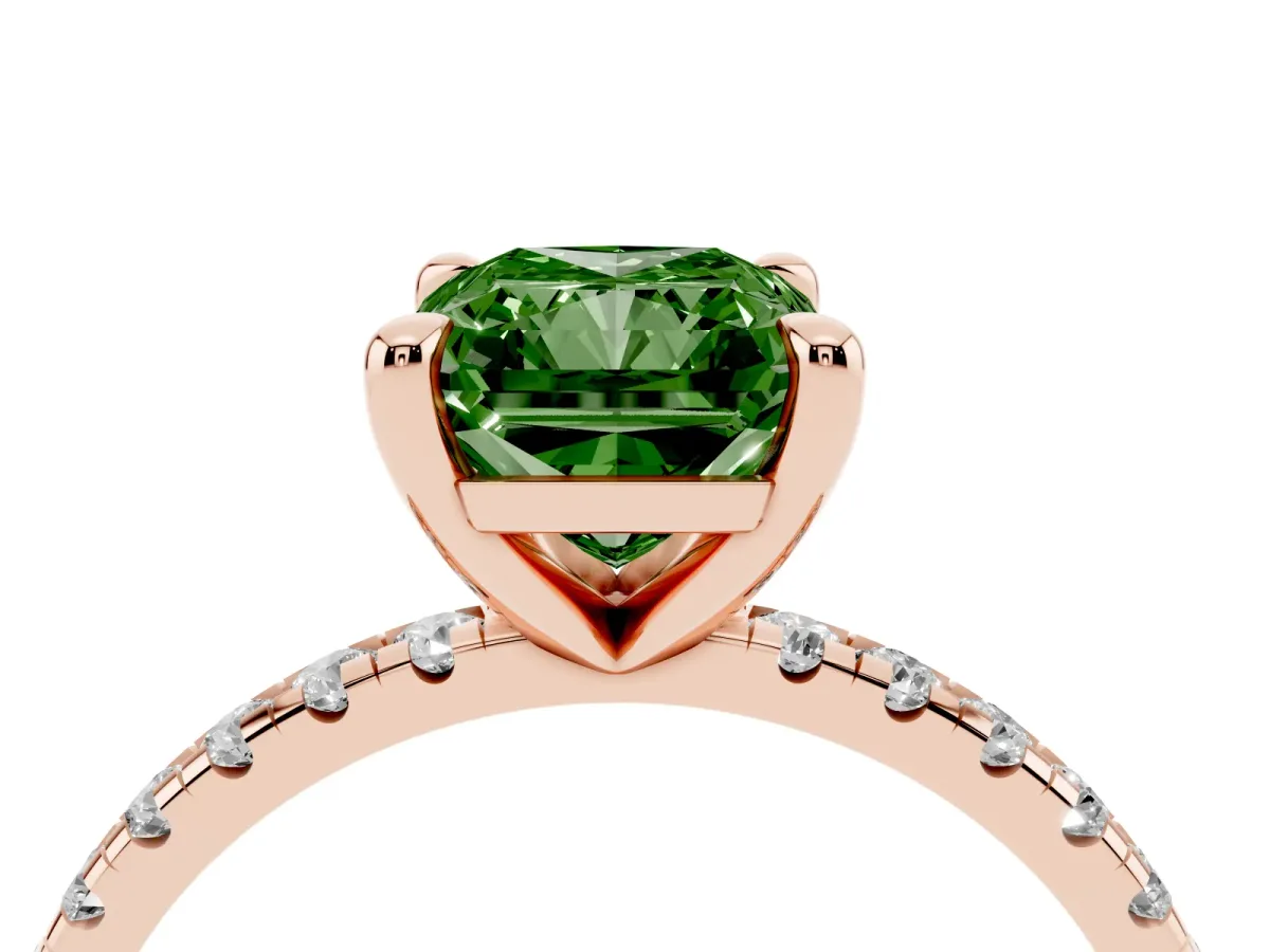 Fancy Green Radiant Cut Diamond Brilliant Solitaire Ring with Pavé Band and Four-Prong Setting Rose gold