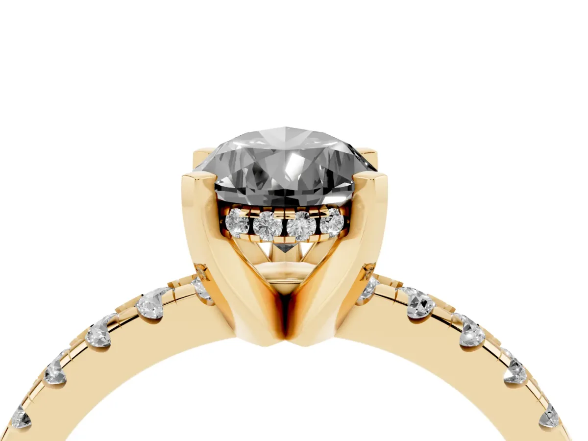 Fancy Black Pear Cut Diamond Solitaire Ring with Round Pavé Band and Four-Prong Setting Yellow gold