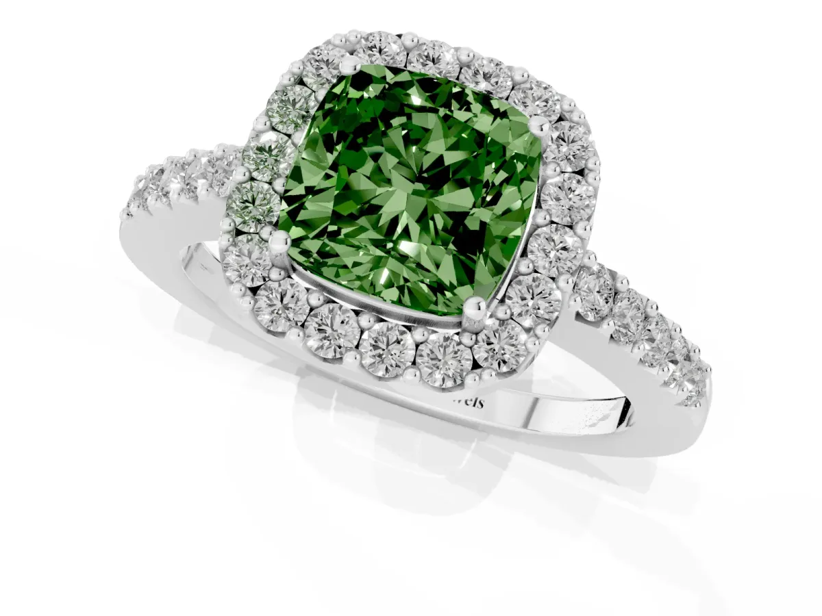 Fancy Green Cushion Cut Halo Diamond Pavé Solitaire Ring Platinum