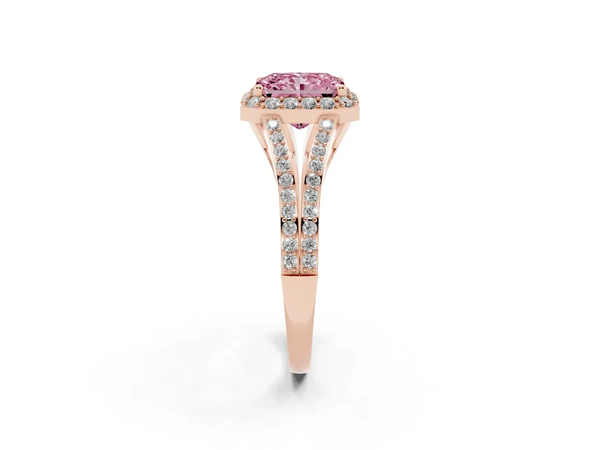 Fancy Pink Radiant Cut Halo Split Shank Pave Diamond Ring with Four-Prong Setting Rose gold