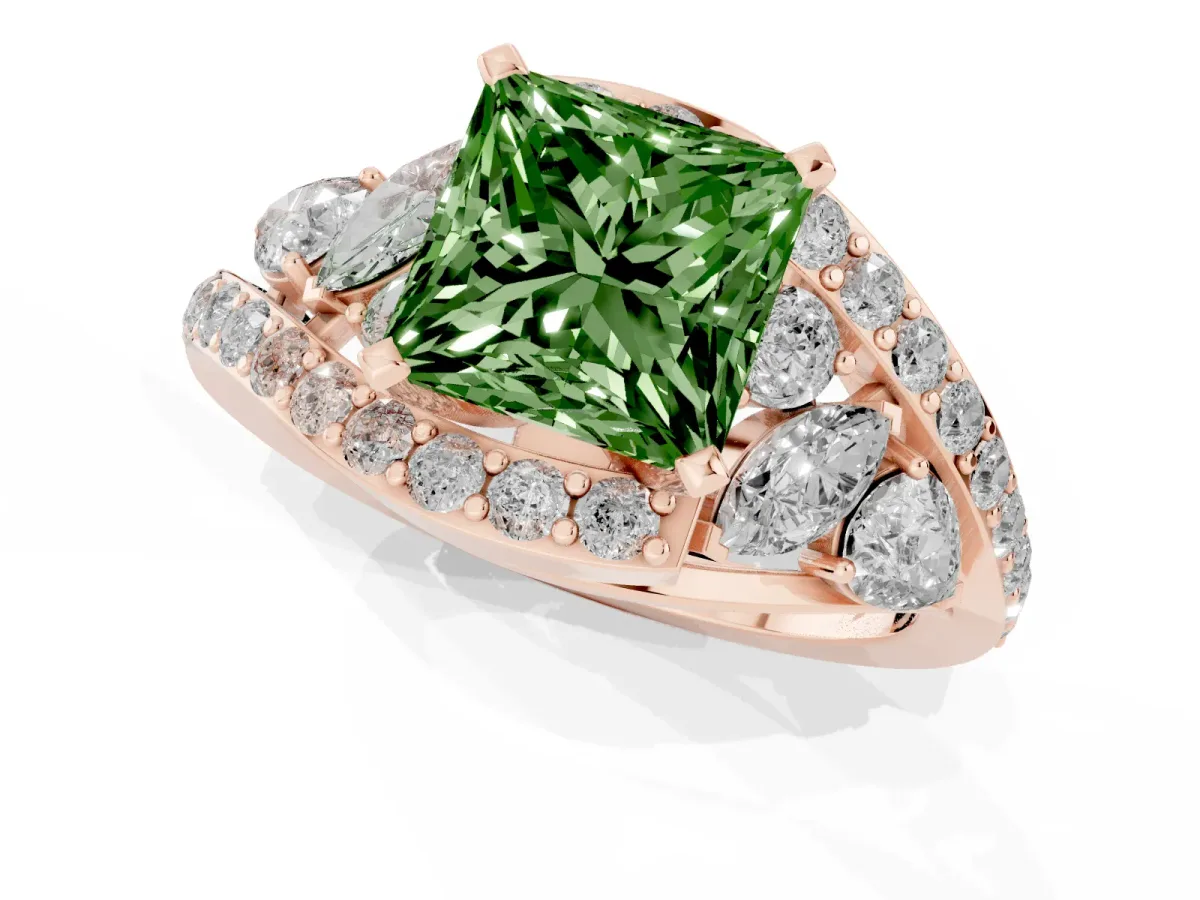 Fancy Green Princess Cut Diamond Halo Ring with Marquise and Pavé Band in Prong Setting Rose gold
