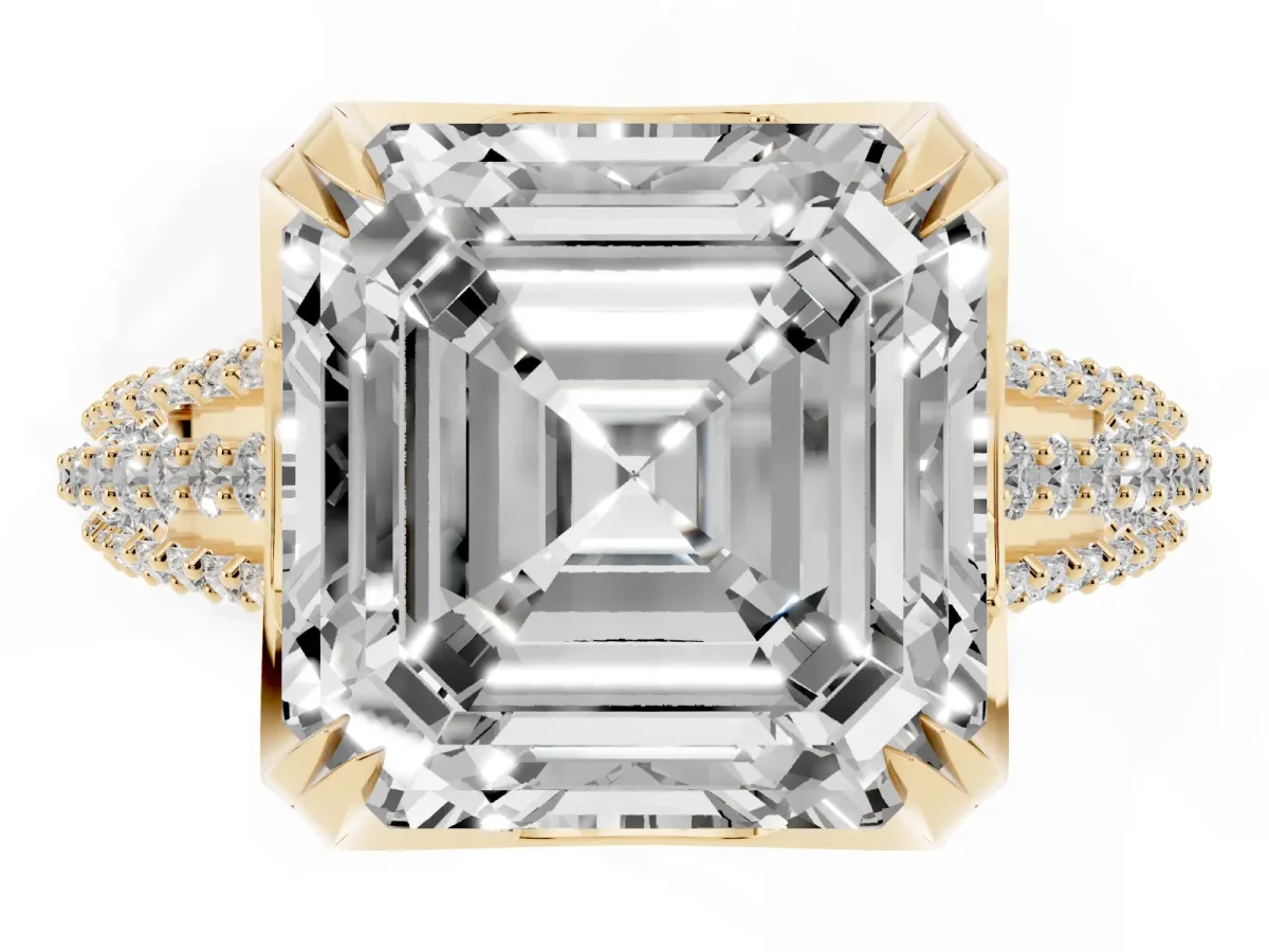 Asscher Cut Solitaire Pave Split Shank Ring with Four-Prong Setting Yellow gold