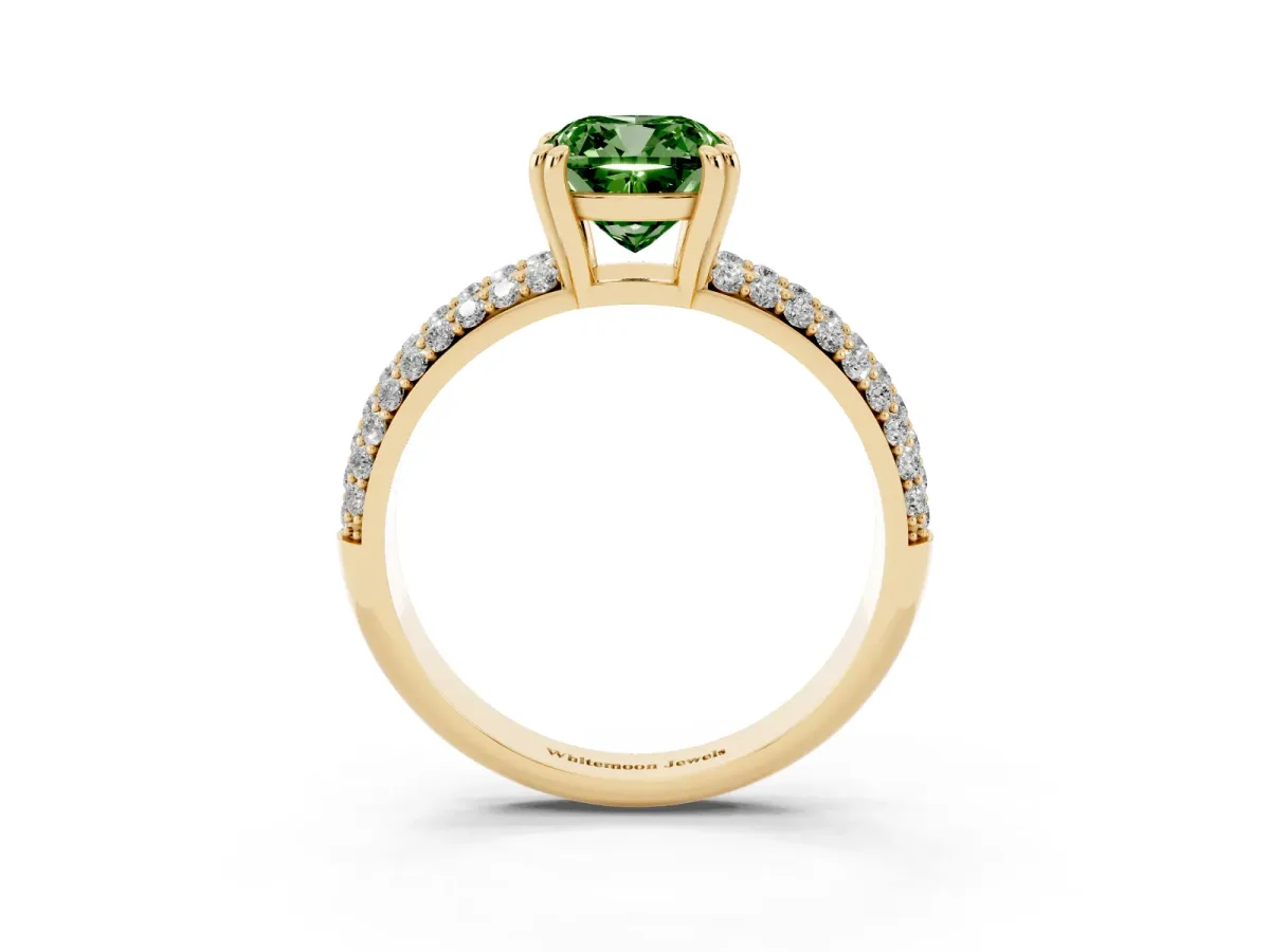 Fancy Green Cushion Cut Diamond Solitaire Ring with Multi-Row Round Pavé Band and Prong Setting Yellow gold