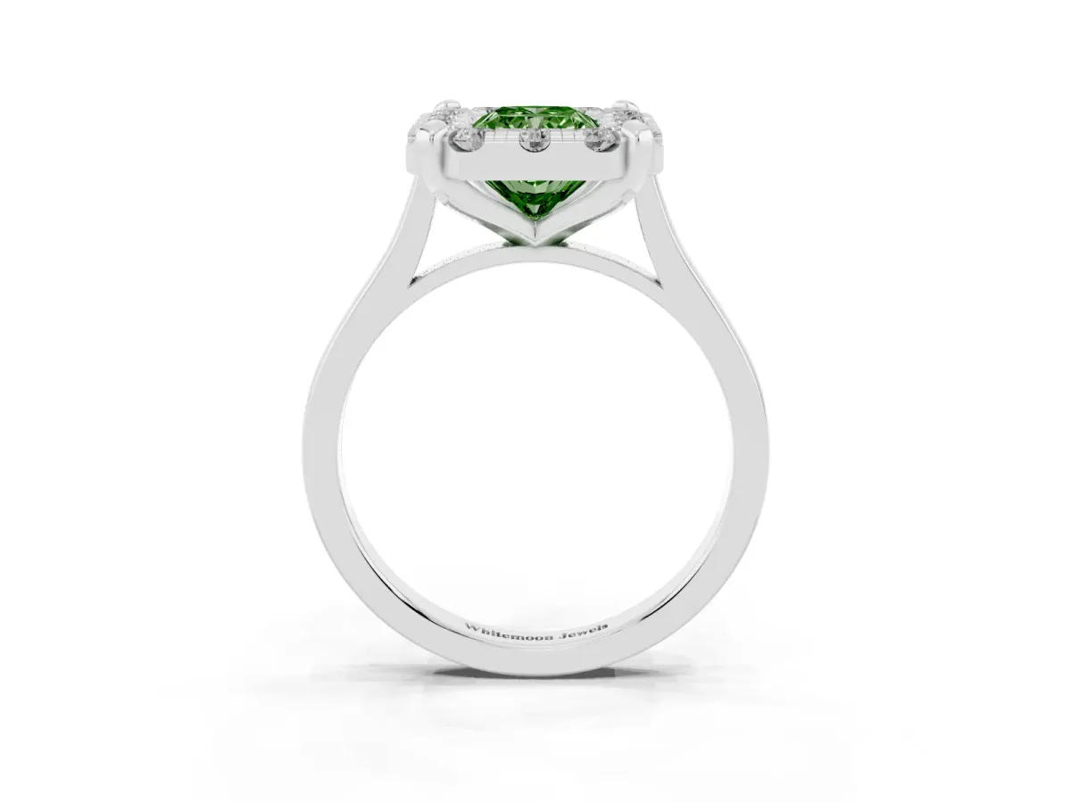 Fancy Green Radiant Cut Diamond Cluster Halo Solitaire with Four-Prong Setting Silver
