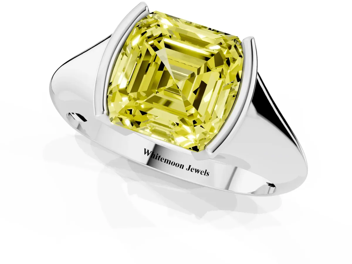 Fancy Yellow Asscher Cut Solitaire Tension Set Diamond Ring Silver