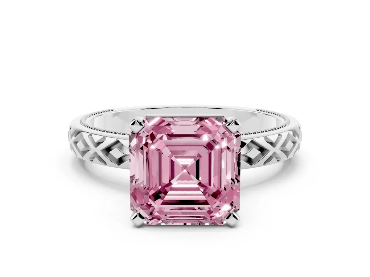 Fancy Pink Asscher Cut Solitaire Diamond Ring with Milgrain and Black Enamel X Pattern Band Silver