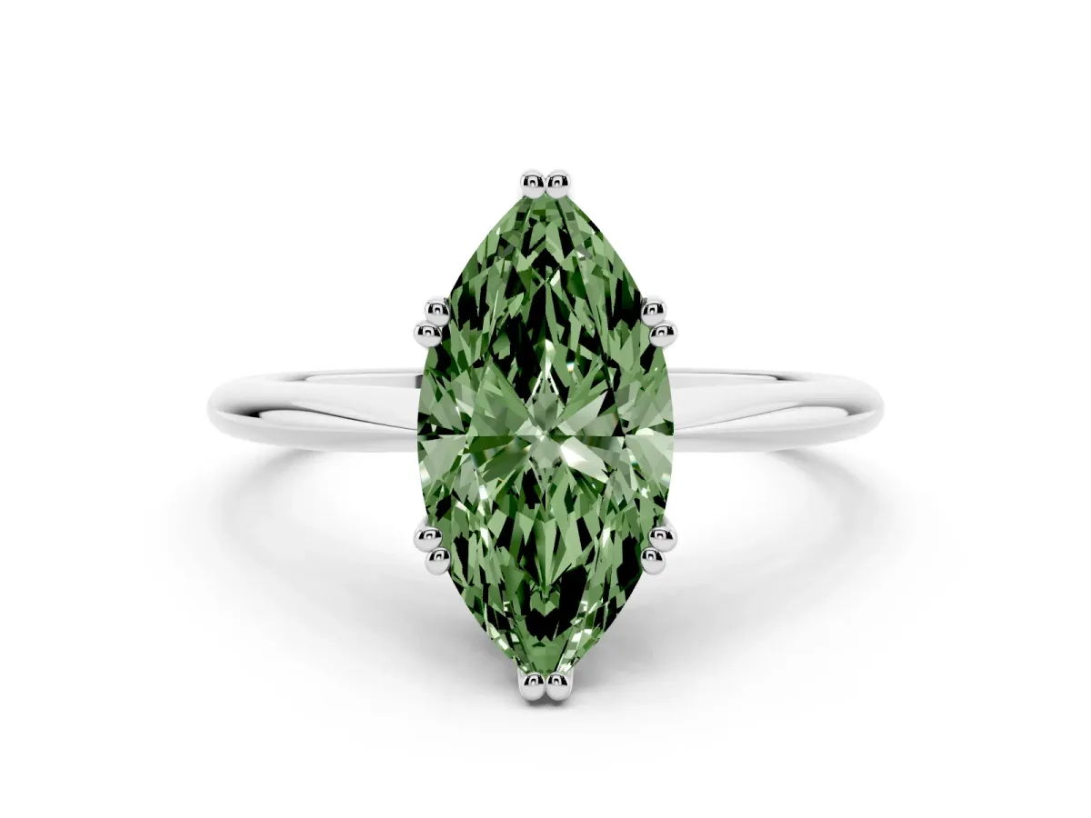 Fancy Green Marquise Cut Solitaire Diamond Ring with Six-Prong Setting and Classic Band Silver