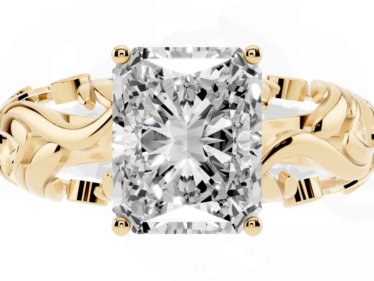 Radiant Cut Solitaire Diamond Leaf-Inspired Vine Band Ring with Prong Setting Yellow gold