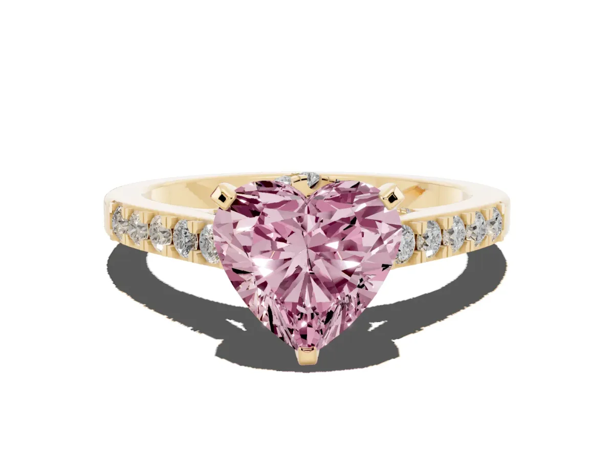 Fancy Pink Heart Cut Diamond Solitaire Ring with Crossover Gallery and Round Pavé Band Yellow gold