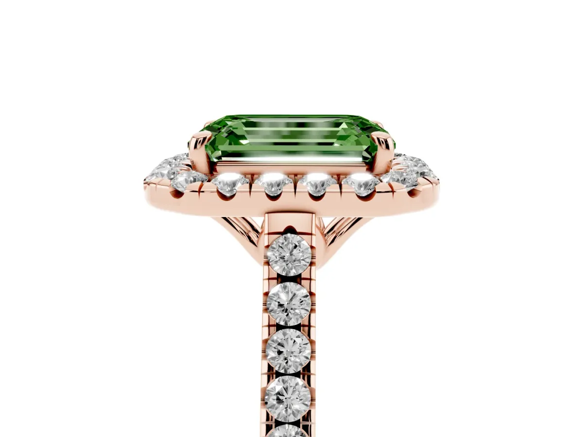 Fancy Green Emerald Cut Halo Pavé Diamond Engagement Ring with Four-Prong Setting Rose gold